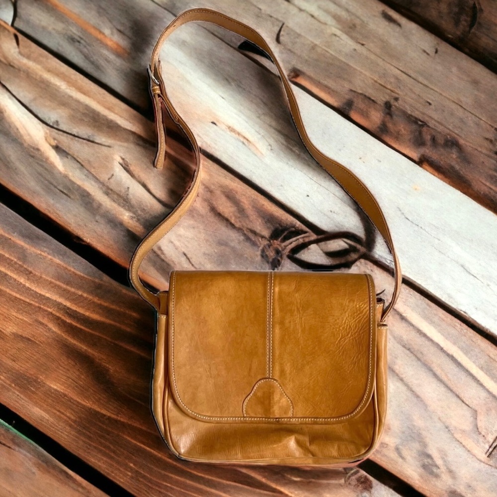 VTG 70S TAN BROWN LEATHER BOHO HIPPY PAISLEY PSYCHEDELIC CROSS BODY BAG